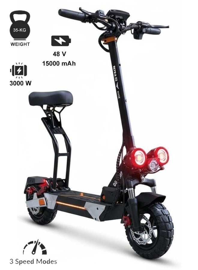 سكوتر روسي مونستر كهربائي 48 فولت 3000 واط – إطارات بدون أنابيب 11 بوصة | سرعة قصوى 65 كم/س | بطارية 48 فولت 15 أمبير | تعليق أمامي وخلفي | مصابيح LED مزدوجة | 3 سرعات | تصميم قابل للطي | شاشة رقمية | اتصال بلوتوث - Image 1